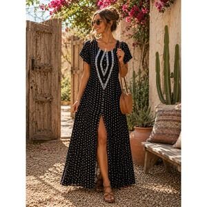 O'Neill Cynthia Vincent Camara Caftan Embroidered Boho Festival Maxi Dress S
